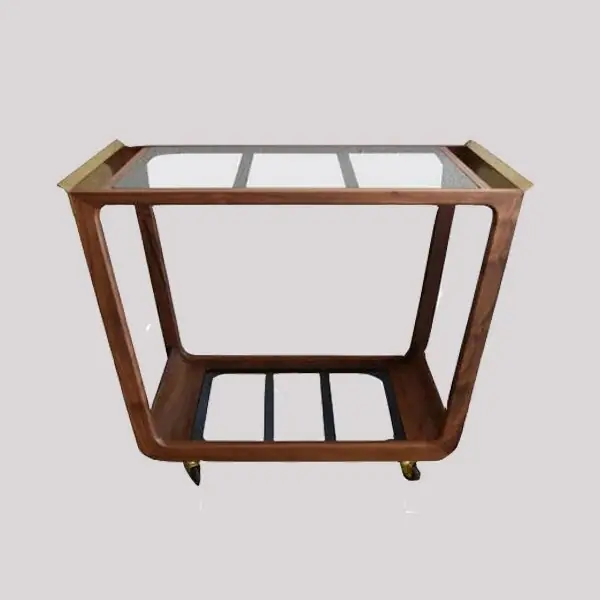Wooden Bar Cart- Walnut, Smoked Glass & Brass Special Offer