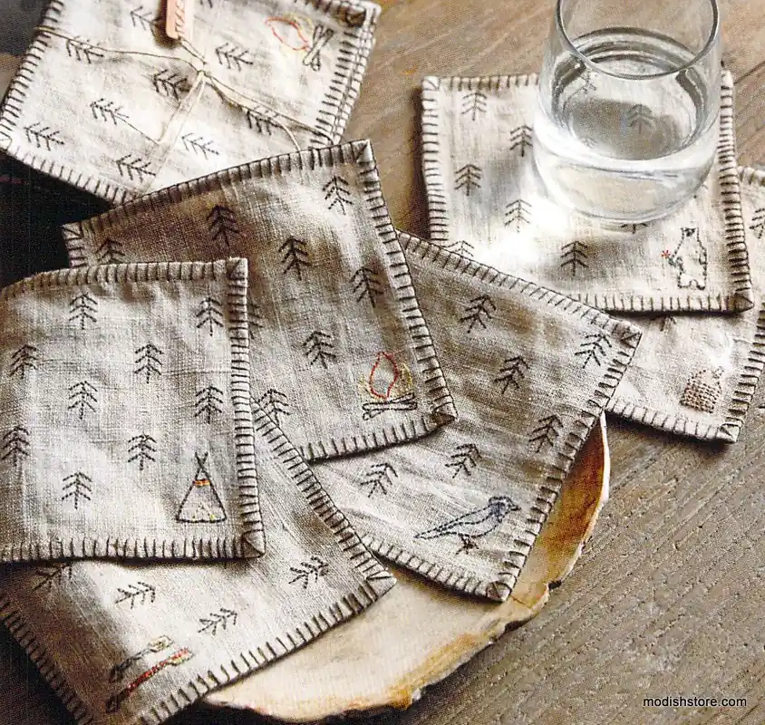 Feather Cocktail Napkins & Tiny Forest Coasters - Set Of 6 Handmade