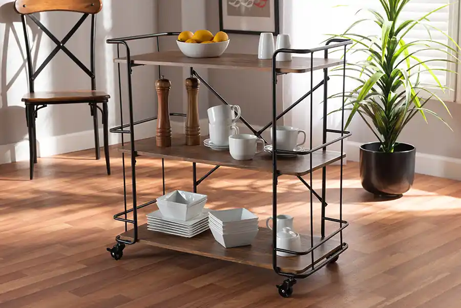 Last Chance Baxton Studio Neal Rustic Industrial Style Black Metal and Walnut Finished Wood Bar and Kitchen Serving Cart - Walnut , Black