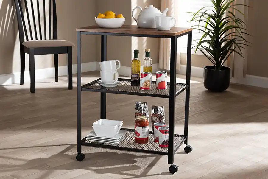 Baxton Studio Verna Vintage Rustic Industrial Black Finished Metal and Oak Brown Finished Wood Kitchen Serving Cart - Oak Brown , Black Super Sale