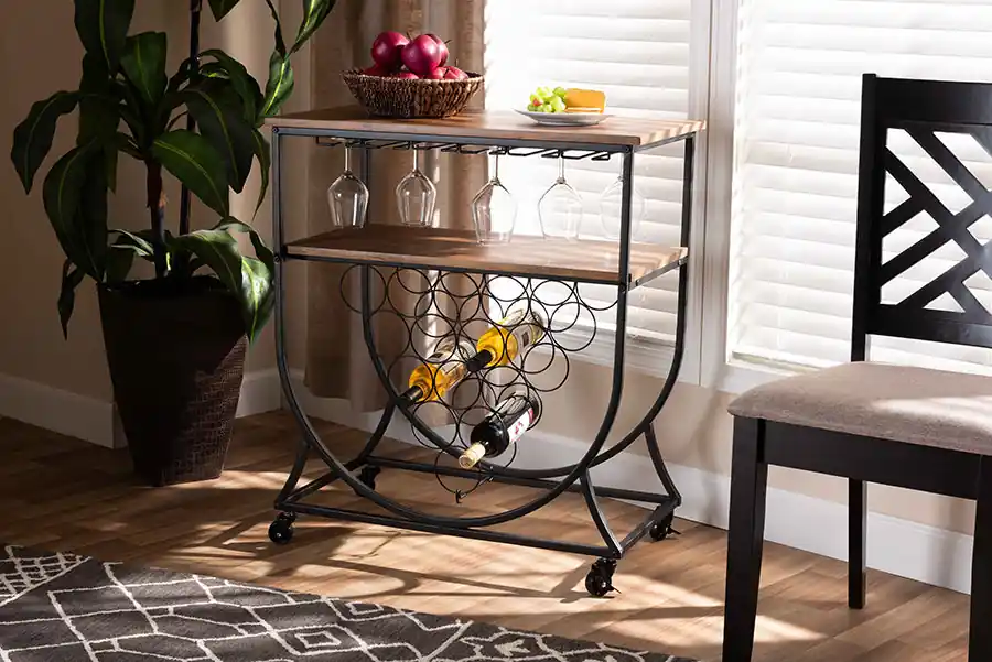 Fast Shipping Baxton Studio Dania Antique Vintage Industrial Black Metal and Walnut Finished Wood Mobile Wine Bar Cart - Black , Walnut