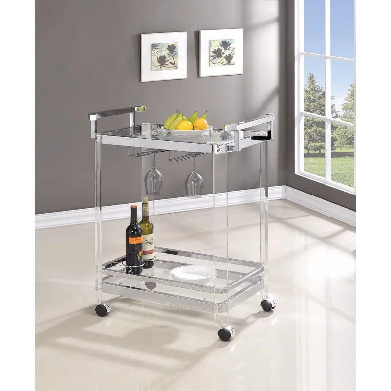 Warranty Included Stylish Metal Base Serving Cart With Glass Top, Clear By Benzara - Clear