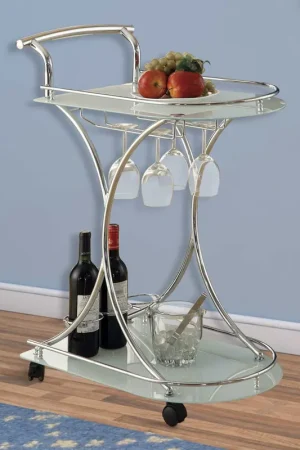 Captivating Serving Cart With 2 Frosted Glass Shelves, Silver By Benzara - Silver Exclusive