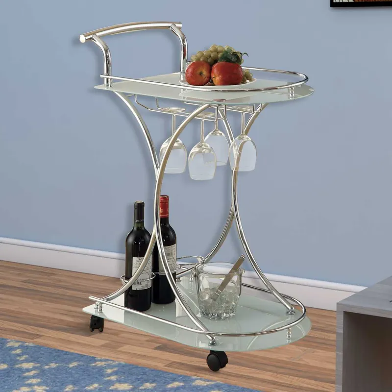 Captivating Serving Cart With 2 Frosted Glass Shelves, Silver By Benzara - Silver Exclusive