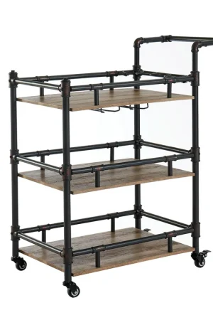 Rustic Three Tier Wood And Metal Serving Cart, Black And Brown By Benzara - Black and Brown Buy Today