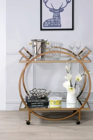 Bargain Metal Serving Cart With Mirrored Open Shelf And Tubular Angled Handles, Gold And Clear By Benzara - Gold and Clear