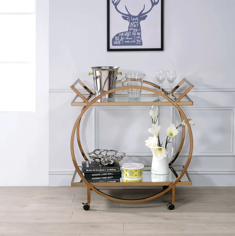 Bargain Metal Serving Cart With Mirrored Open Shelf And Tubular Angled Handles, Gold And Clear By Benzara - Gold and Clear