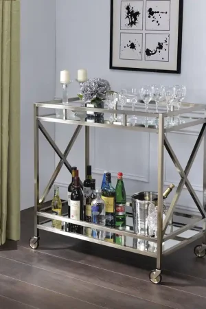 Special Offer Open Metal Frame 2 Tier Mirrored Serving Cart, Antique Gold And Silver By Benzara - Silver and Clear