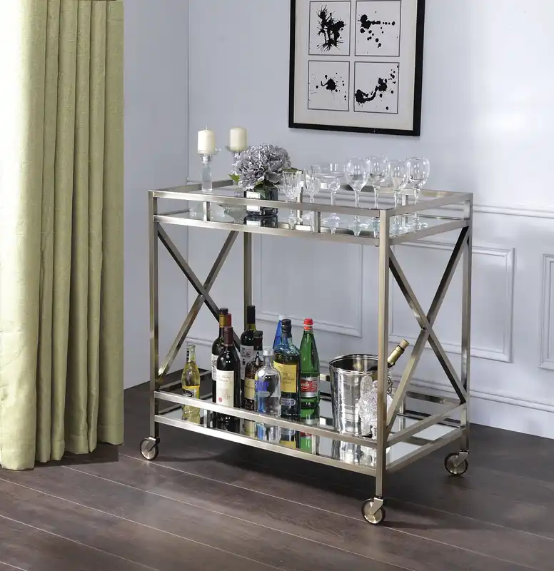 Special Offer Open Metal Frame 2 Tier Mirrored Serving Cart, Antique Gold And Silver By Benzara - Silver and Clear