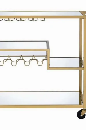 Metal Framed Serving Cart With Wine Bottle Holder And Stemware, Gold And Clear By Benzara - Gold and Clear High Quality