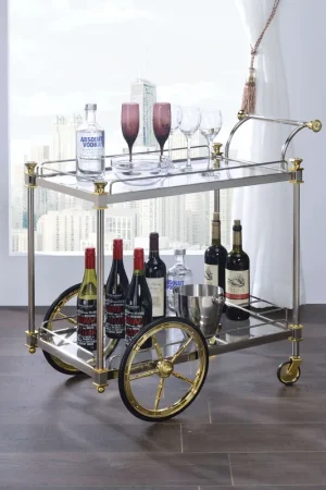 Metal Framed Serving Cart With Glass Shelves And Side Handle, Silver And Gold By Benzara - Silver and Gold Direct From Factory