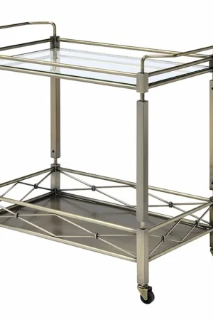 Two Tiered Metal Serving Cart With Glass Shelves And Side Rails, Antique Gold By Benzara - Gold Crafted