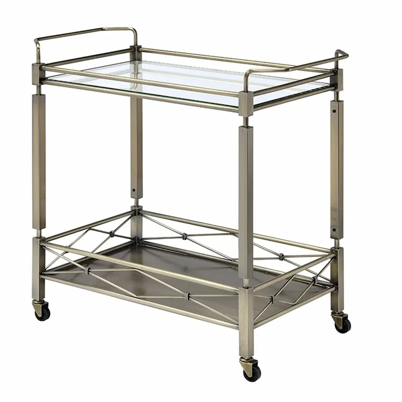 Two Tiered Metal Serving Cart With Glass Shelves And Side Rails, Antique Gold By Benzara - Gold Crafted