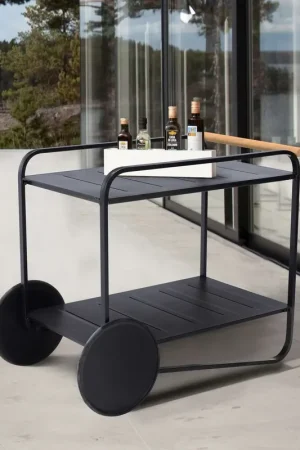 Portals Outdoor Accent Cart in Black Finish and Natural Teak Wood Accent By Armen Living - Black, Natural Viral