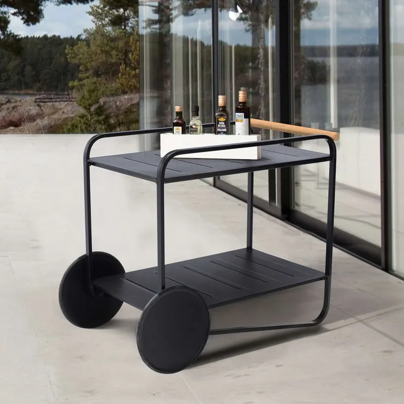 Portals Outdoor Accent Cart in Black Finish and Natural Teak Wood Accent By Armen Living - Black, Natural Viral