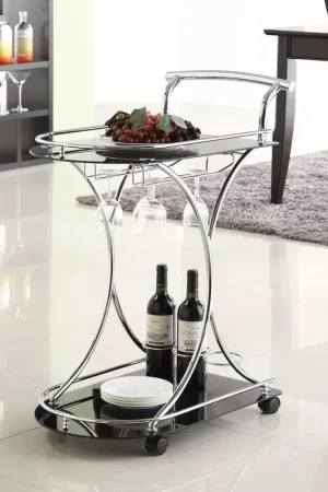 Money Back Guarantee Dazzling Serving Cart With 2 Black Glass Shelves, Silver By Benzara - Black and Silver