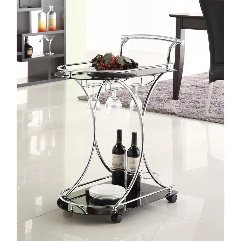 Money Back Guarantee Dazzling Serving Cart With 2 Black Glass Shelves, Silver By Benzara - Black and Silver