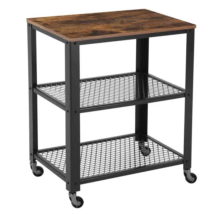 3 Tier Wooden Serving Cart With 2 Mesh Design Shelves, Black And Brown By Benzara - Brown and Black Express Delivery