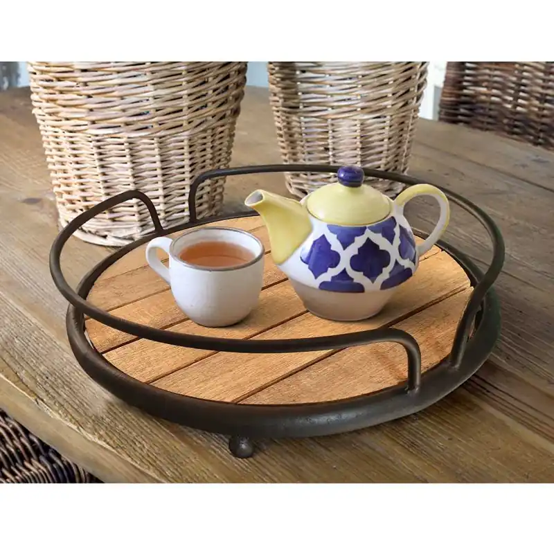 Round Tubular Metal Frame Tray With Plank Style Wooden Base, Brown And Black By Benzara - Brown and Black Money Back Guarantee