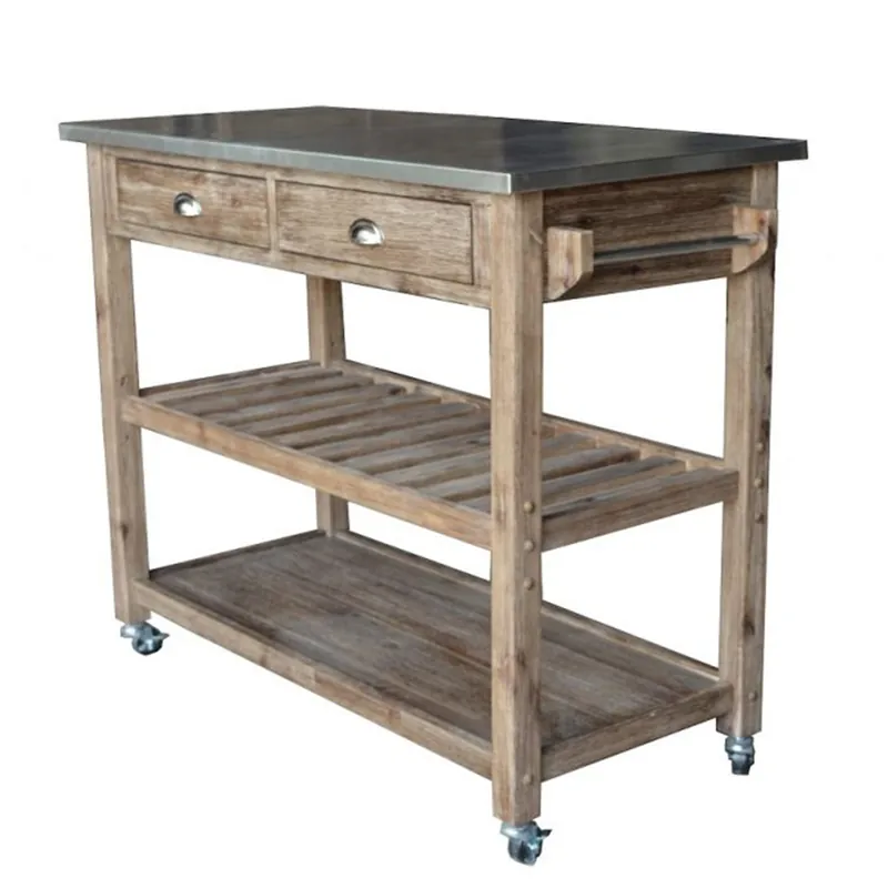 2 Drawers Wooden Frame Kitchen Cart With Metal Top And Casters, Gray By Benzara - Gray Fan Favorite