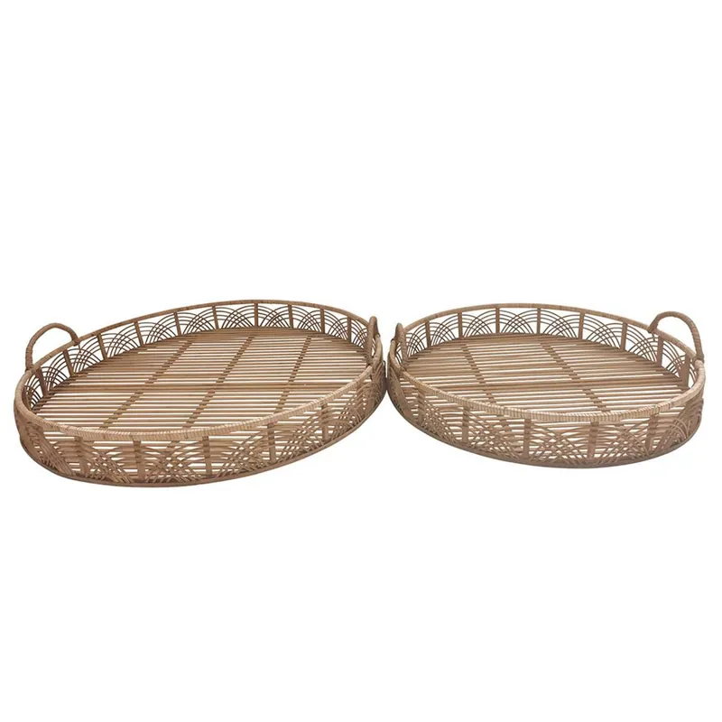 Clearance Round Shaped Bamboo Tray With Curved Handle, Set Of 2, Brown By Benzara - Brown