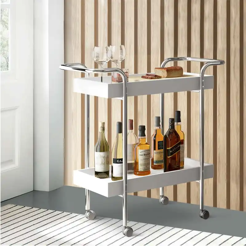 Hot Picks Storage Cart With 2 Tier Design And Metal Frame, White And Chrome By Benzara - White and Chrome