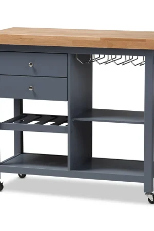 Baxton Studio Sunderland Coastal and Farmhouse Grey Wood Kitchen Cart - Dark Grey , Natural No Minimum Order