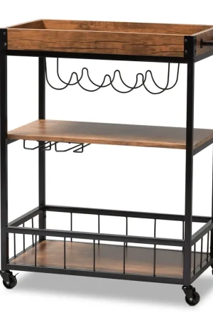 Price Cut Baxton Studio Cerne Vintage Rustic Industrial Oak Brown and Black Finished Mobile Metal Bar Cart with Wine Bottle Rack - Golden Oak , Black
