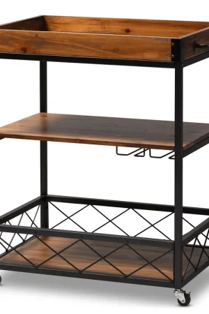 Baxton Studio Capri Vintage Rustic Industrial Oak Brown and Black Finished Mobile Metal Bar Cart with Stemware Rack - Golden Oak , Black Best Seller