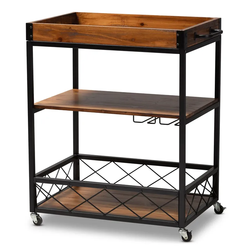 Baxton Studio Capri Vintage Rustic Industrial Oak Brown and Black Finished Mobile Metal Bar Cart with Stemware Rack - Golden Oak , Black Best Seller