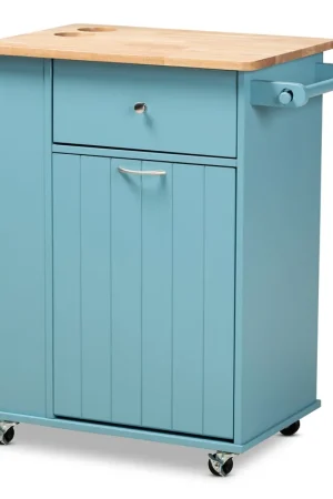 Reduced Price Baxton Studio Liona Modern and Contemporary Sky Blue Finished Wood Kitchen Storage Cart - Blue , Natural