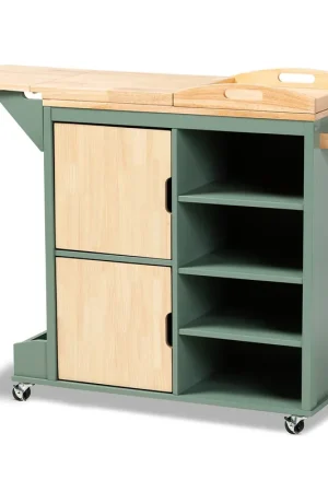Baxton Studio Dorthy Coastal and Farmhouse Two-tone Dark Green and Natural Wood Kitchen Storage Cart - Green , Natural Wholesale