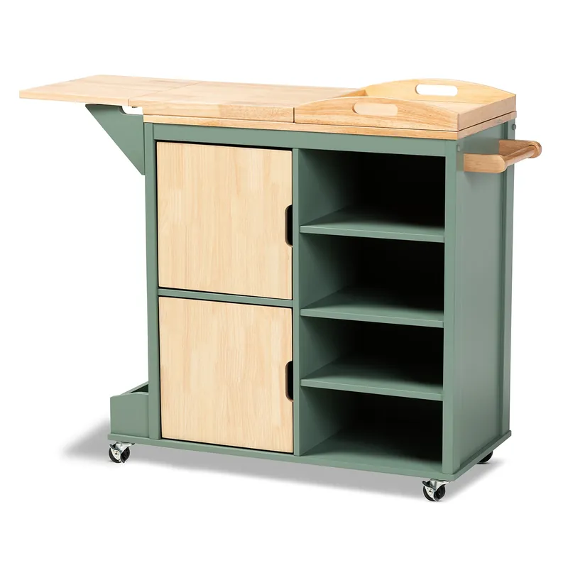 Baxton Studio Dorthy Coastal and Farmhouse Two-tone Dark Green and Natural Wood Kitchen Storage Cart - Green , Natural Wholesale