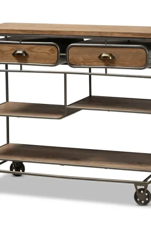 Same Day Shipping Baxton Studio Grant Vintage Rustic Industrial Oak Brown Finished Wood and Black Finished Metal 2-Drawer Kitchen Cart - Oak Brown , Black