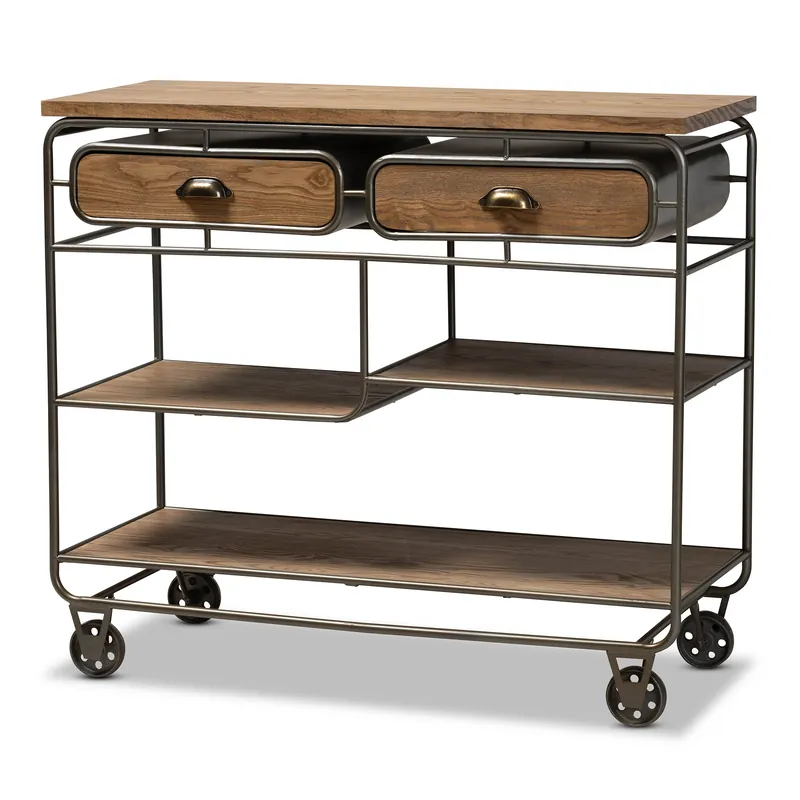 Same Day Shipping Baxton Studio Grant Vintage Rustic Industrial Oak Brown Finished Wood and Black Finished Metal 2-Drawer Kitchen Cart - Oak Brown , Black