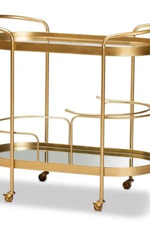Baxton Studio Kamal Modern and Contemporary Glam Brushed Gold Finished Metal and Mirrored Glass 2-Tier Mobile Wine Bar Cart - Gold Weekend Sale