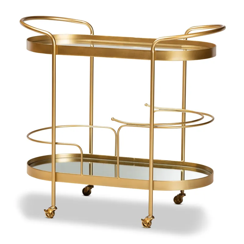 Baxton Studio Kamal Modern and Contemporary Glam Brushed Gold Finished Metal and Mirrored Glass 2-Tier Mobile Wine Bar Cart - Gold Weekend Sale