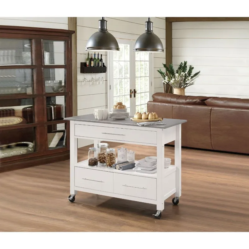 Place Order White And Stainless Rolling Kitchen Island Or Bar Cart By Homeroots