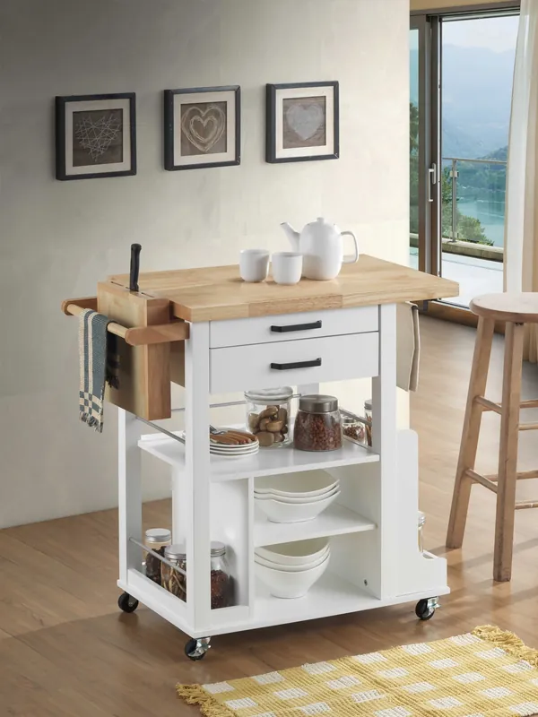 Worldwide Shipping Natural White Wood Casters Kitchen Cart By Homeroots
