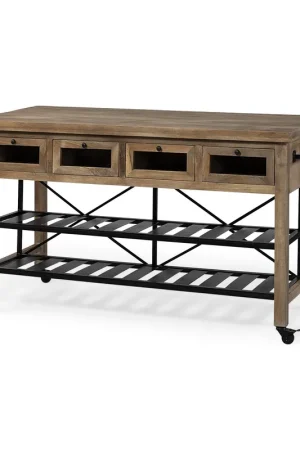 Certified Brown Solid Wood Top Kitchen Island With Two Tier Black Metal Rolling