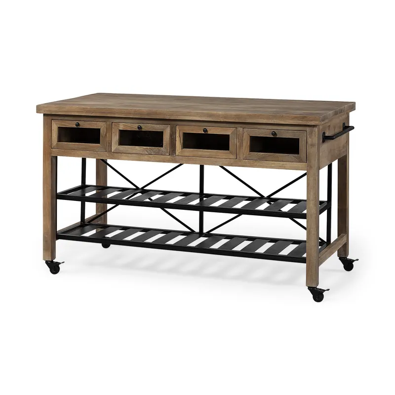 Certified Brown Solid Wood Top Kitchen Island With Two Tier Black Metal Rolling