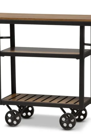 Baxton Studio Kennedy Rustic Industrial Style Antique Black Textured Finished Metal Distressed Wood Mobile Serving Cart - Brown , Black Free Returns