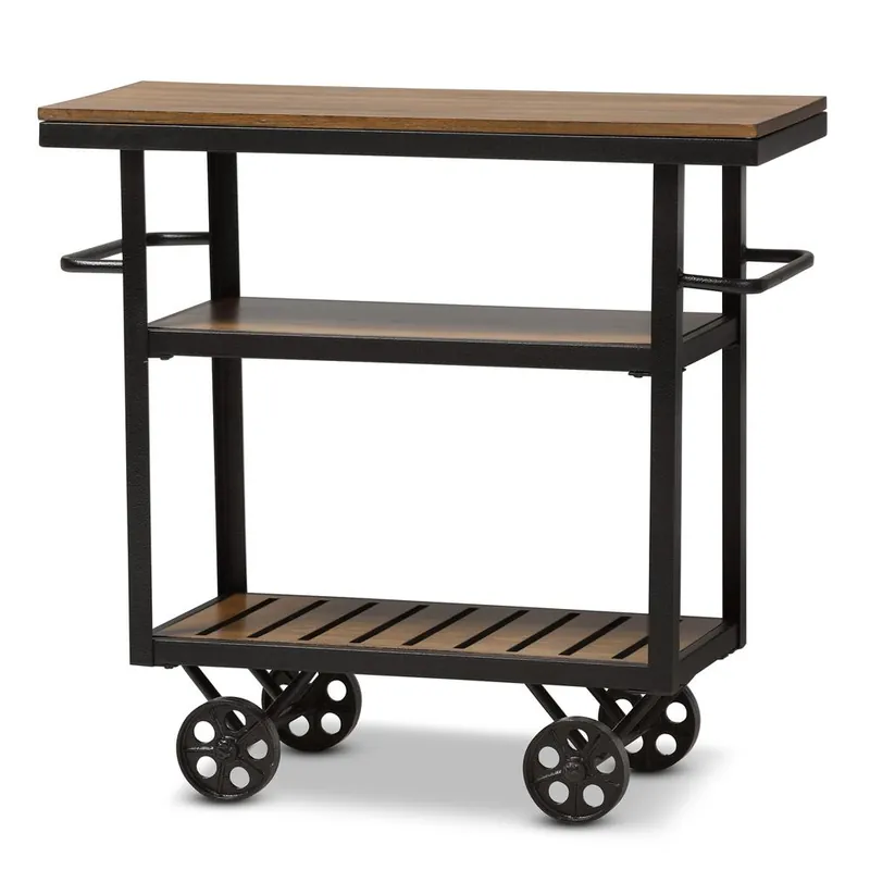 Baxton Studio Kennedy Rustic Industrial Style Antique Black Textured Finished Metal Distressed Wood Mobile Serving Cart - Brown , Black Free Returns