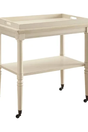Weekend Sale 32 Inch 2 Tier Wooden Tray Table With Casters, Antique White By Benzara - White