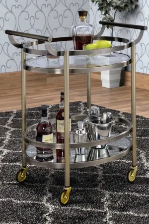 Place Order Oval Shaped Metal Serving Cart With 2 Shelves, Silver By Benzara - Silver