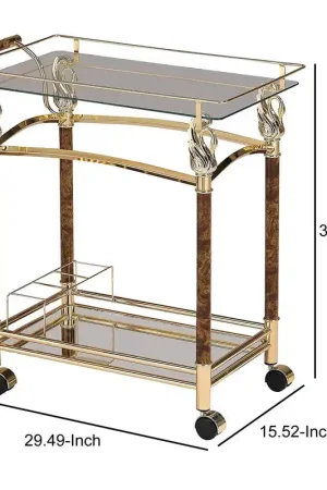 Alluring Serving Cart, Golden Plated & Clear Glass By Benzara - Gold Warranty Included