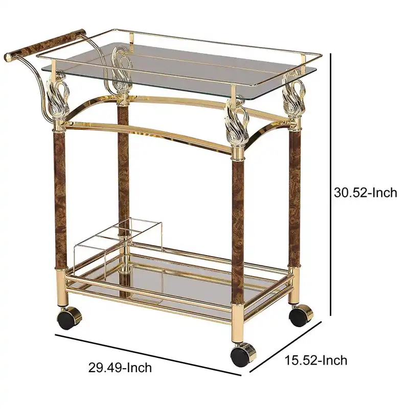 Alluring Serving Cart, Golden Plated & Clear Glass By Benzara - Gold Warranty Included