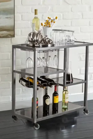 Flash Sale Contemporary Style Metal Bar Cart With Tempered Glass Shelves, Gunmeta
