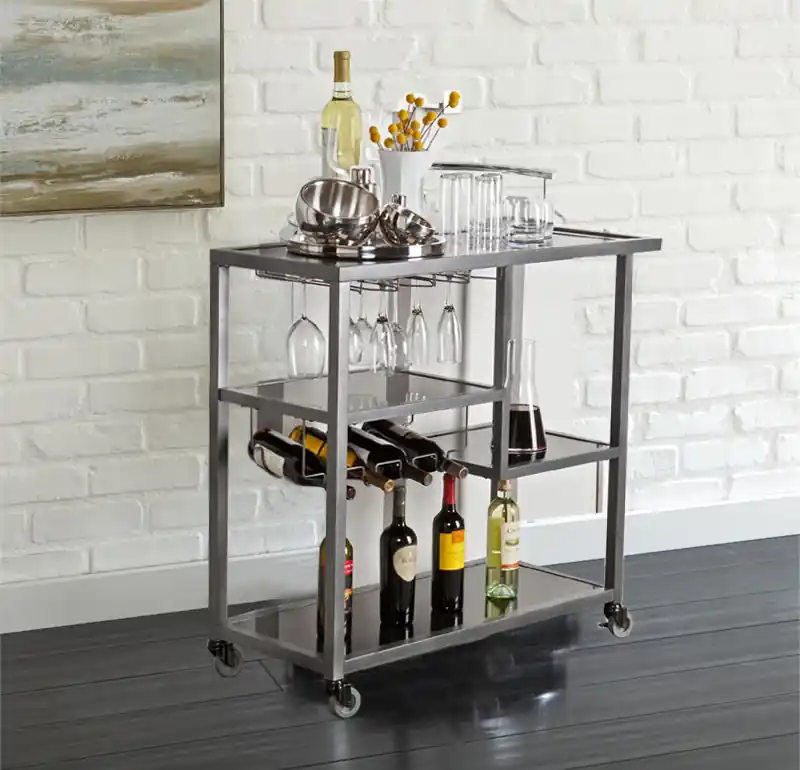Flash Sale Contemporary Style Metal Bar Cart With Tempered Glass Shelves, Gunmeta