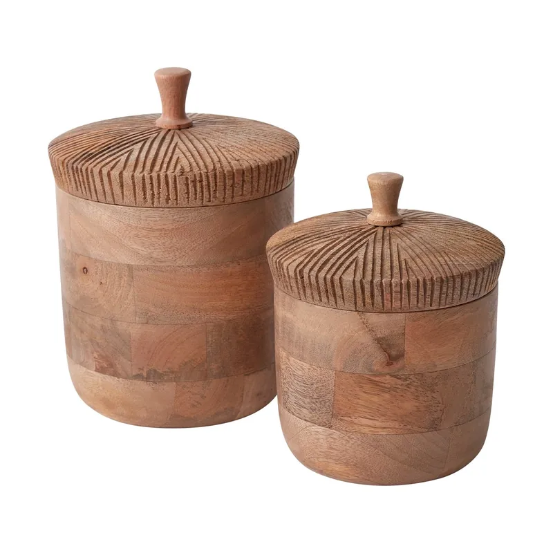 Oaknut Canister Set Of 2 By Accent Decor - 2 Sizes - Yellow - Wood - 78995 - 78996 Special Discount